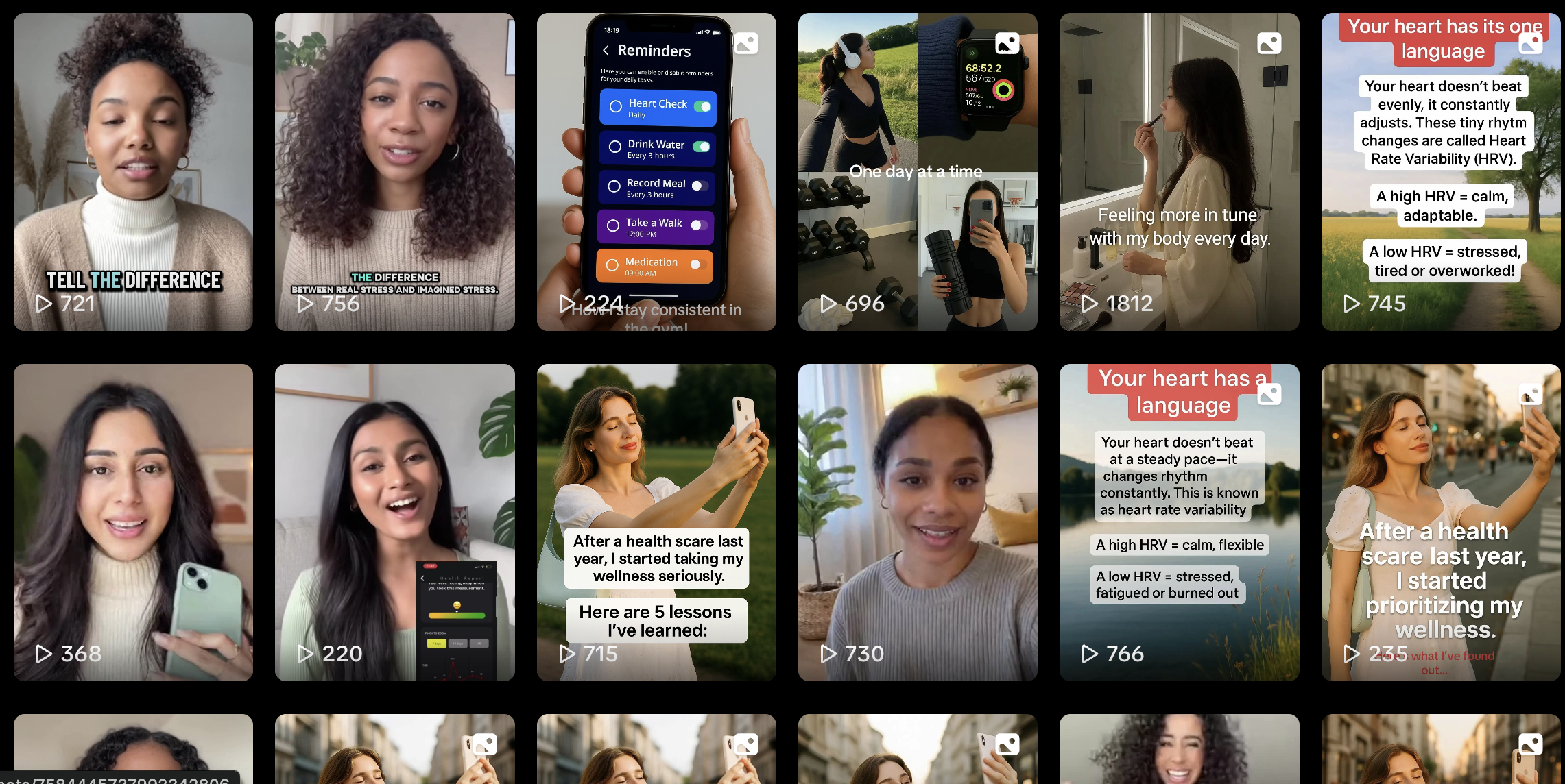 Generated TikTok content examples displayed in a grid